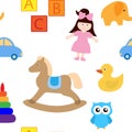 Seamless pattern kids toys vector drawing. Yula cubes doll machine duck horse